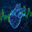 Digital image of a heart with charts in the background