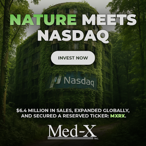Nasdaq building with lush greenery growing all over it, with a headline overlayed: NATURE MEETS NASDAQ
