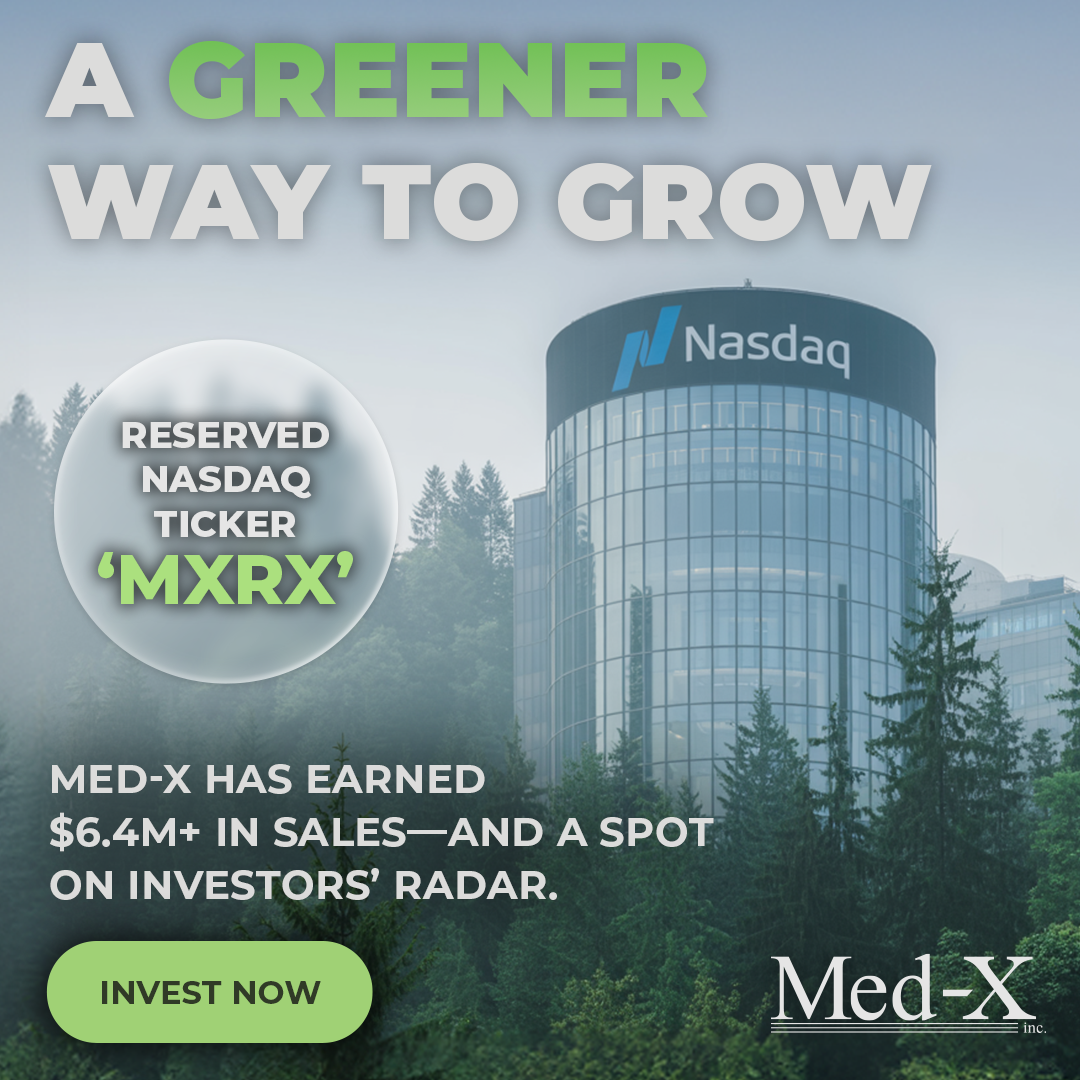 Nasdaq building with lush greenery growing all around it, with a headline overlayed: A GREENER WAY TO GROW