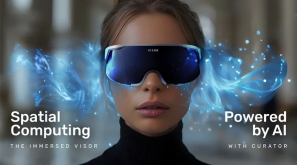 Woman wearing the Visor product with graphics around her face indicating something is happening behind the visor