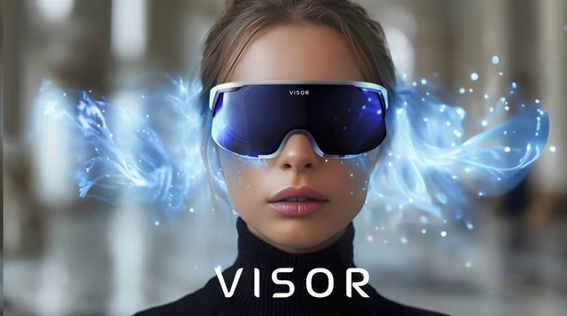 Woman wearing the Visor product with graphics around her face indicating something is happening behind the visor