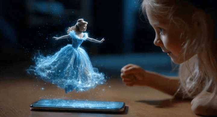 Little girl laying on the floor playing with a mobile device, with an animated character dressed like Cinderella spinning in the air over the phone