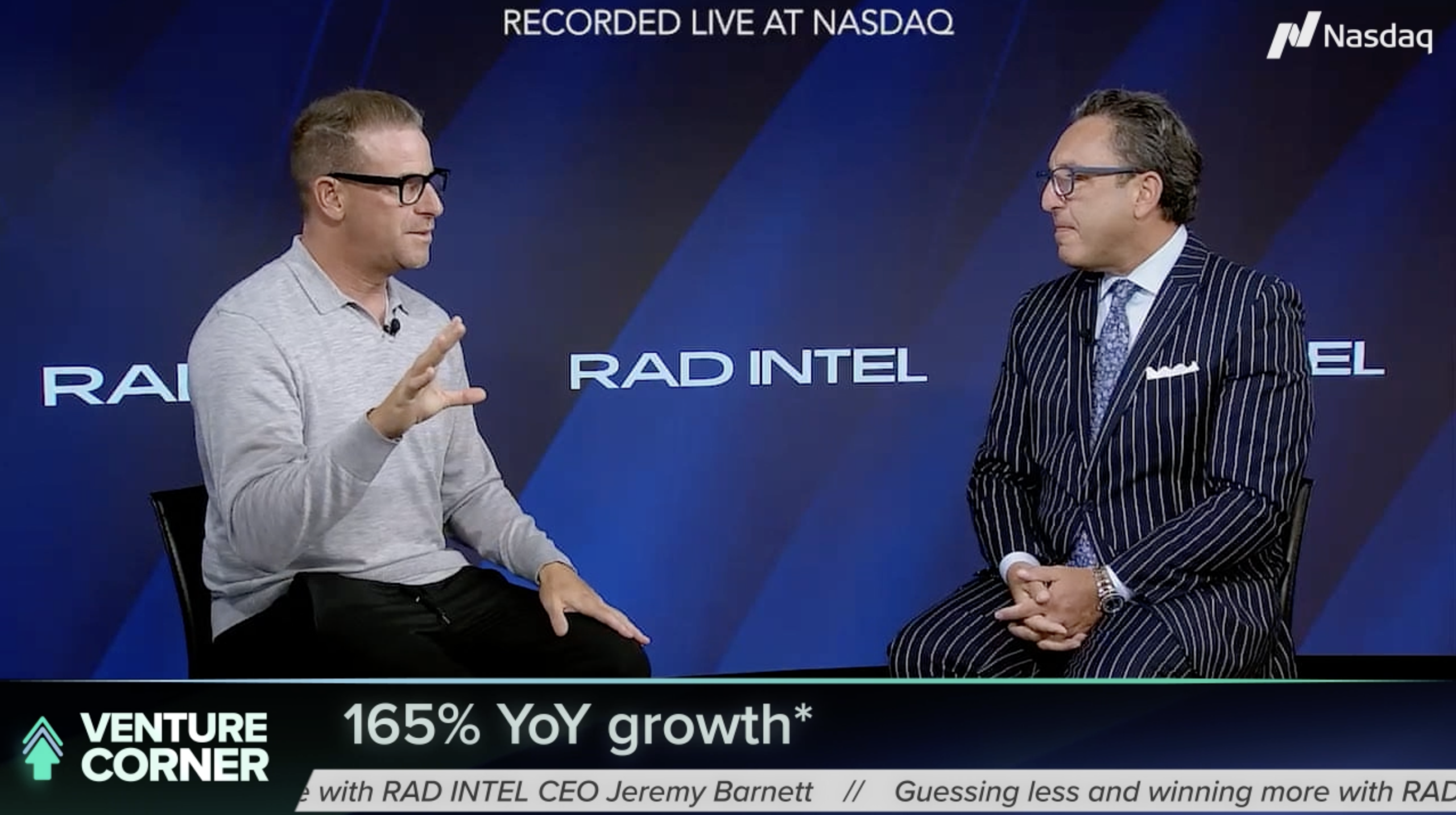 Still image of RAD Intel CEO on Venture Corner in the Nasdaq studio